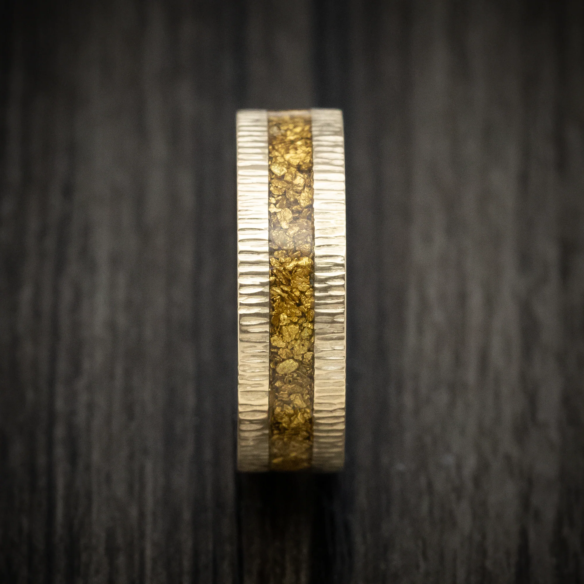 10K Gold and 24K Raw Gold Nugget Men's Ring with Forged Carbon Fiber Sleeve Custom Made Band - Image 3
