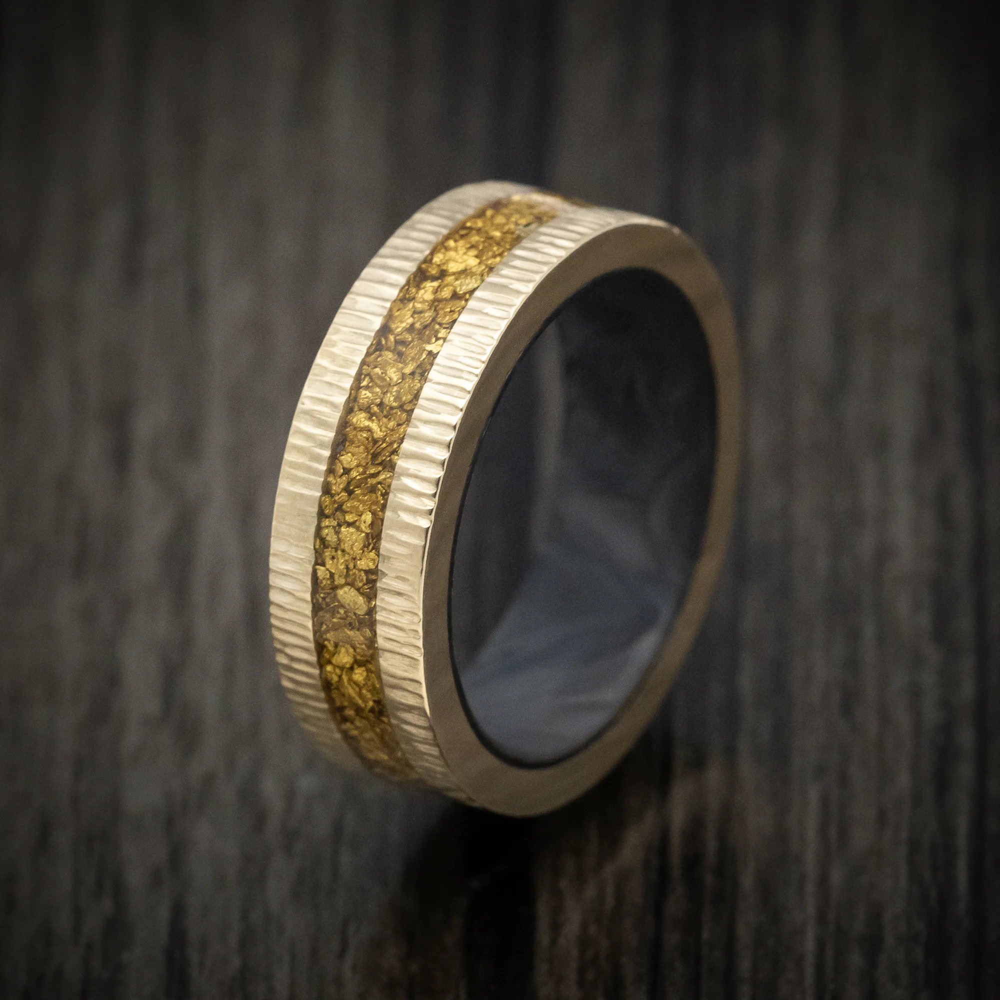 10K Gold and 24K Raw Gold Nugget Men's Ring with Forged Carbon Fiber Sleeve Custom Made Band - Image 4