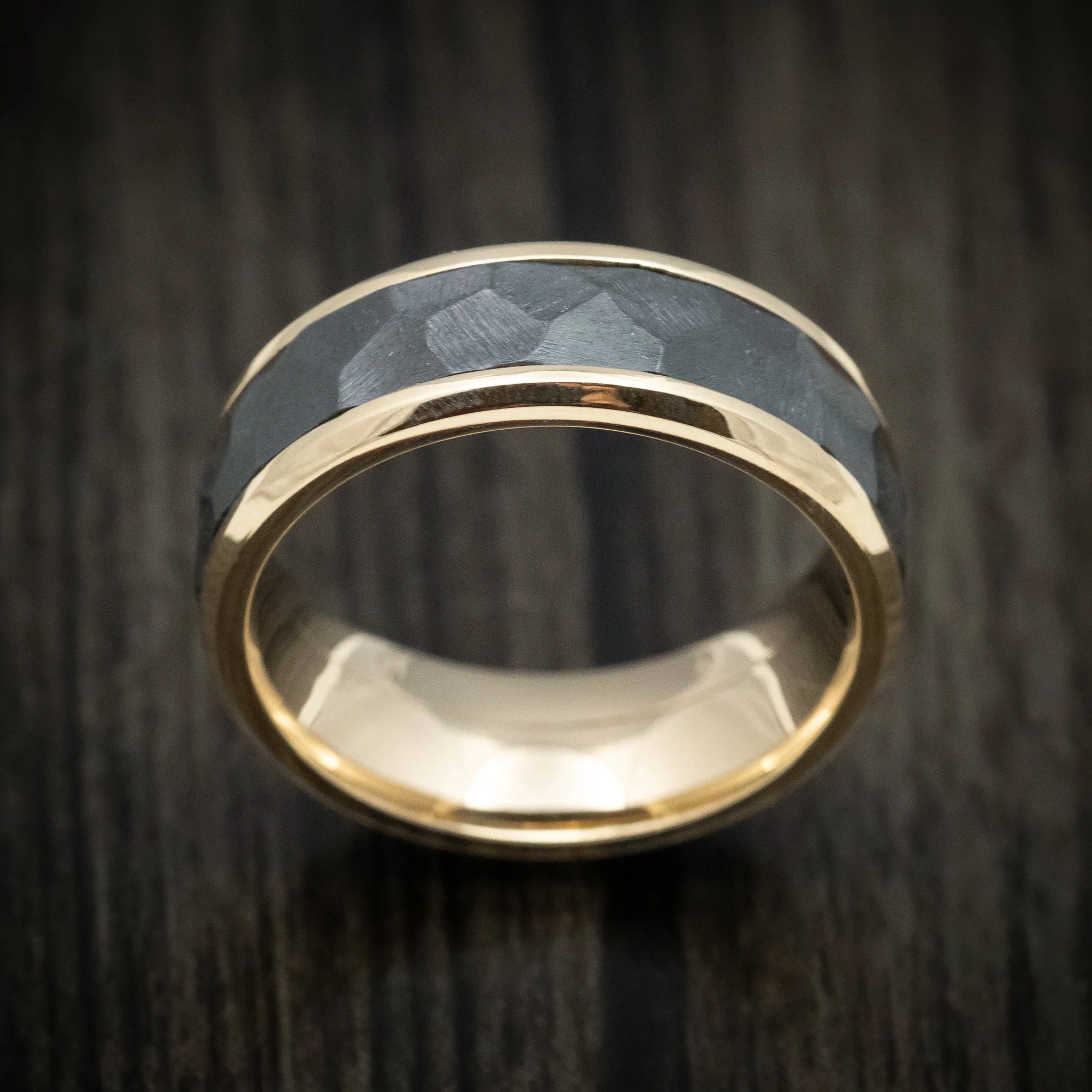 Gold Men's Ring with Black Titanium Rock Finish Inlay Custom Made - Image 2