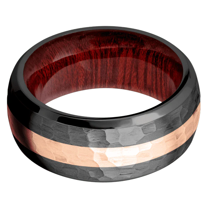 10mm wide Domed Bevel Black Titanium Ring with Hammer Finish / One 3mm Centered 14k Rose Gold Inlay with Hammer Finish / Blood Wood Sleeve - Image 3