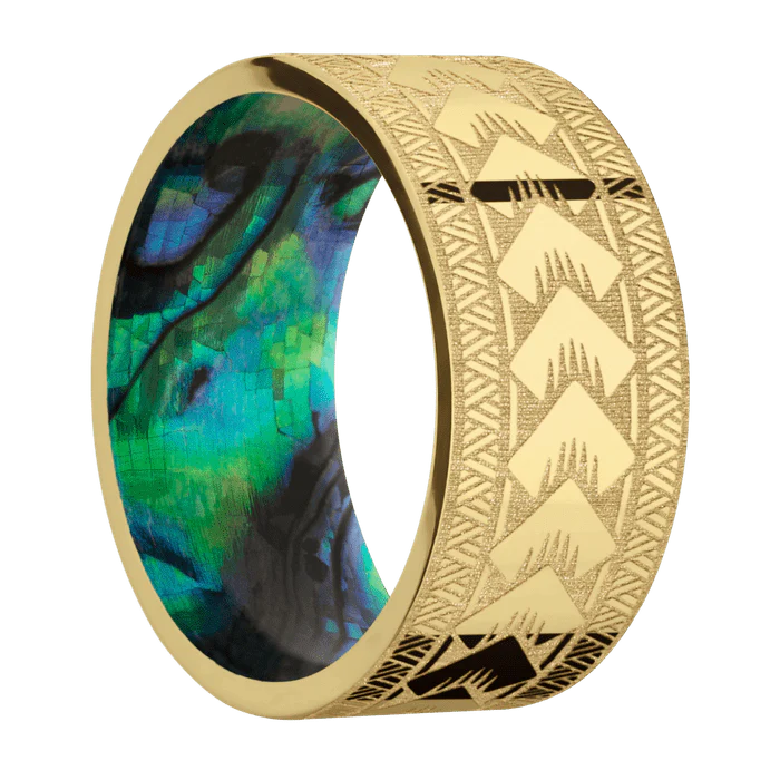 10mm wide Flat 14k Yellow Gold Ring with Polish Finish / Maori Design / Abalone Sleeve - Image 2