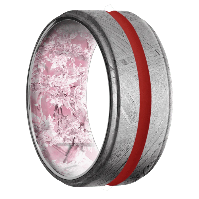 10mm wide Flat Grooved Edges Meteorite Ring / One 2mm Centered USMC Red Cerakote Inlay / Kings Pink Camo Sleeve - Image 2