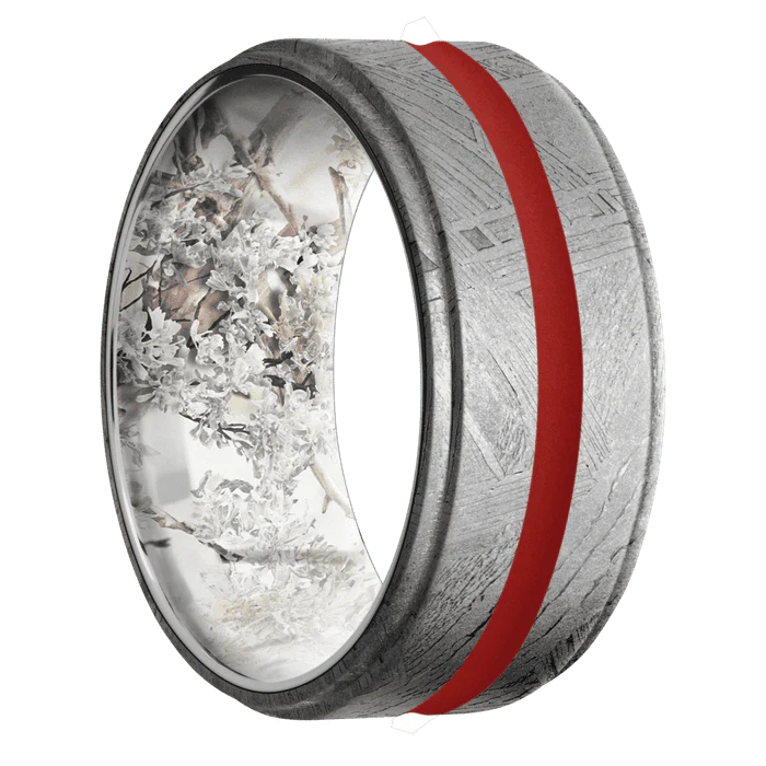 10mm wide Flat Grooved Edges Meteorite Ring / One 2mm Centered USMC Red Cerakote Inlay / Kings Snow Camo Sleeve - Image 2