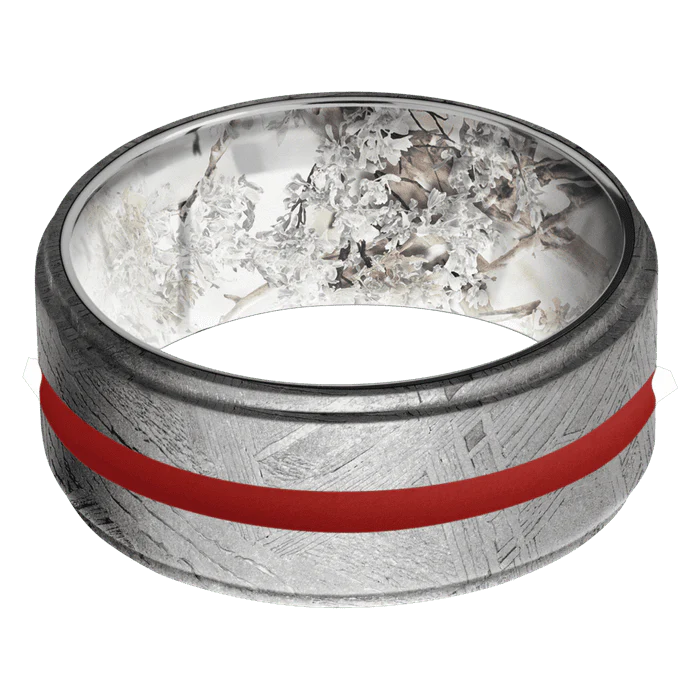 10mm wide Flat Grooved Edges Meteorite Ring / One 2mm Centered USMC Red Cerakote Inlay / Kings Snow Camo Sleeve - Image 3