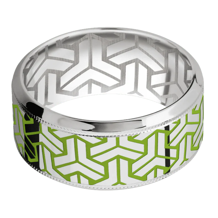 10mm wide High Bevel Milgrain Platinum Ring with Polish Finish / Geoweave Large Design and Zombie Green Cerakote Accents / None Interior Pattern - Image 3