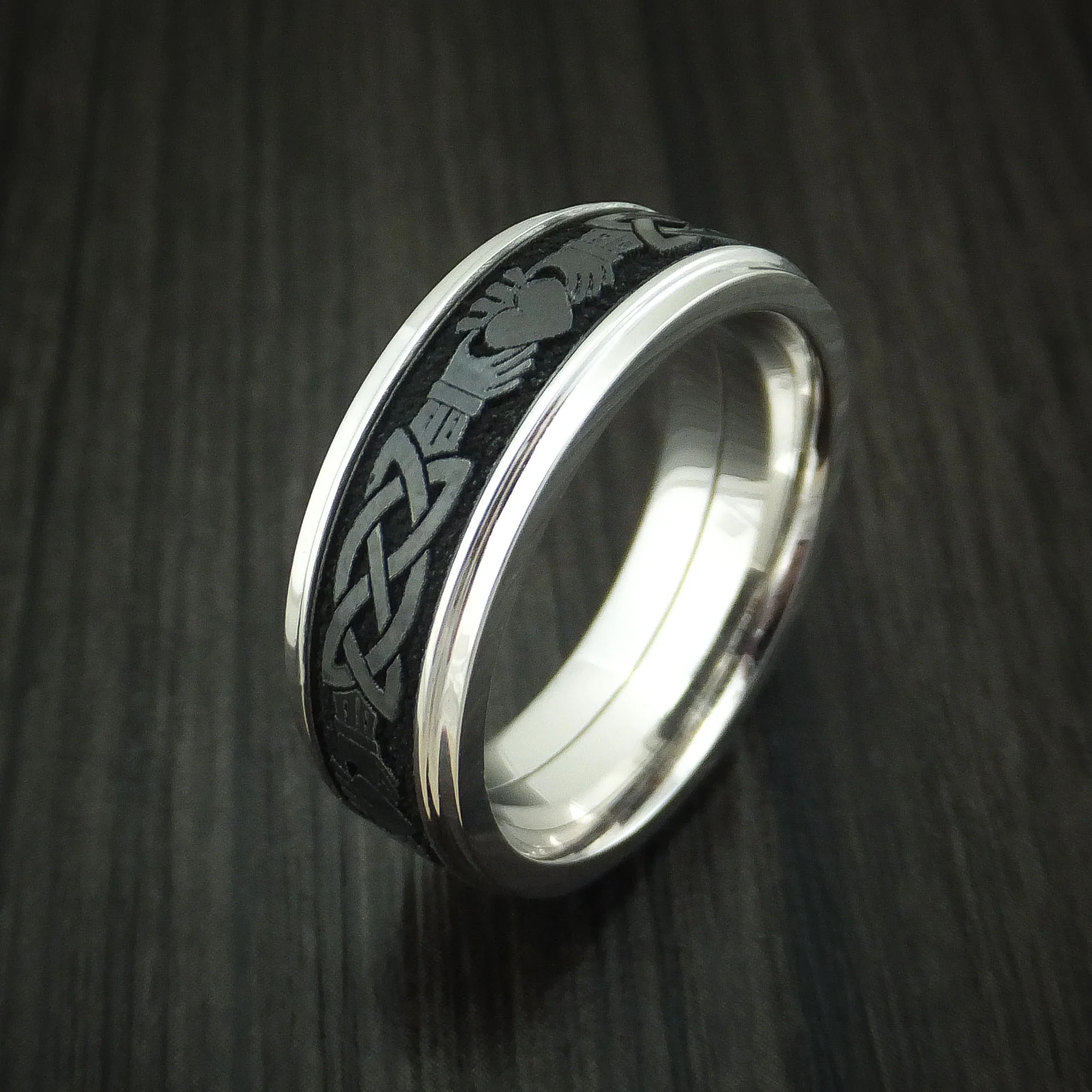 14K Gold And Black Zirconium Celtic Claddagh Band Custom Made Men's Ring - Image 3