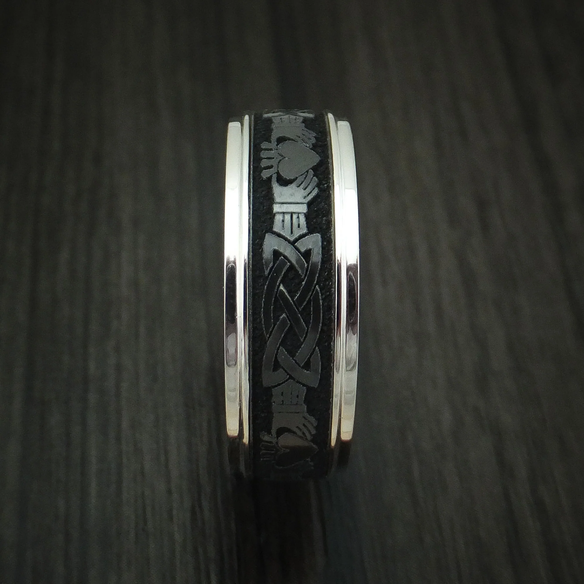 14K Gold And Black Zirconium Celtic Claddagh Band Custom Made Men's Ring - Image 4
