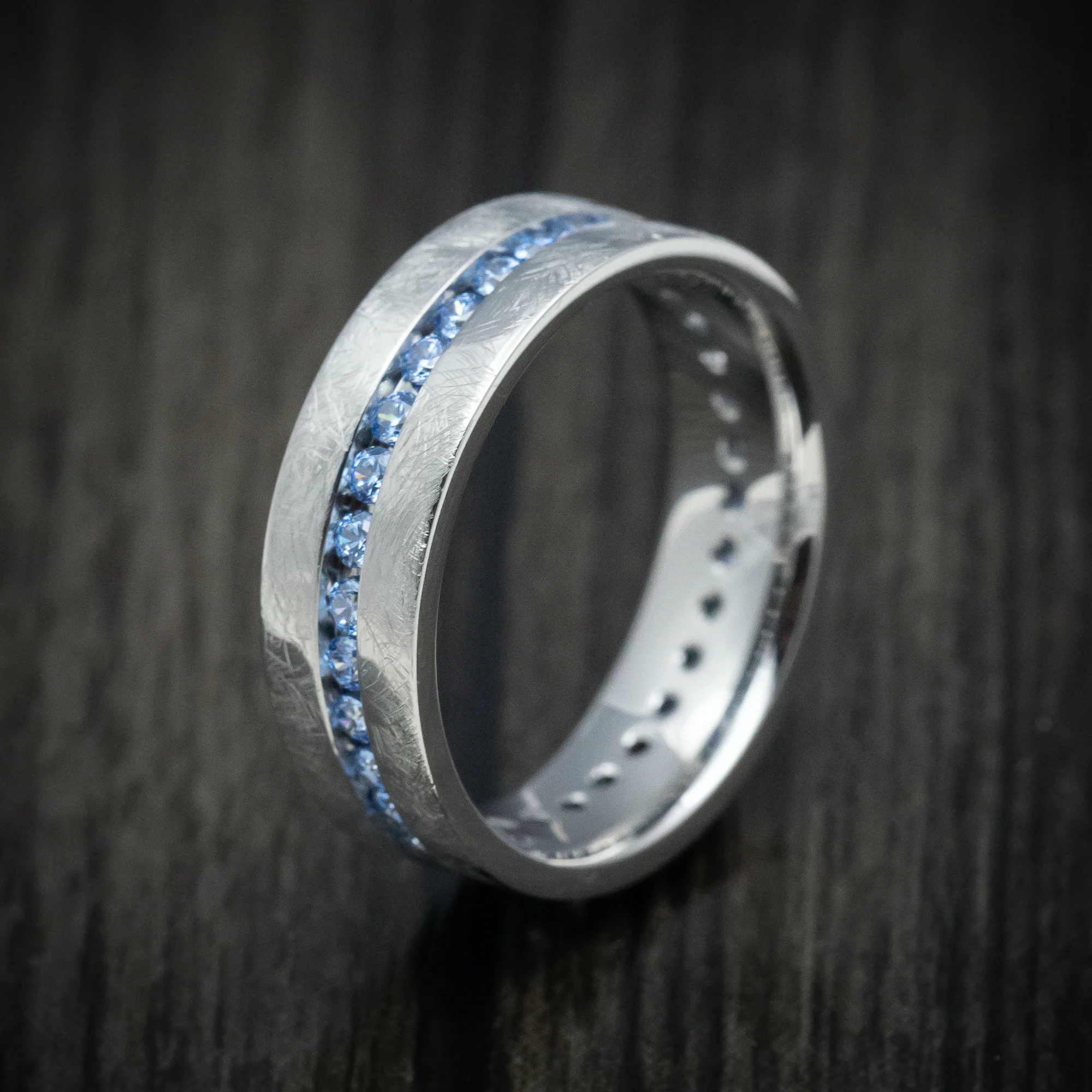 White Gold and Denim Sapphire Eternity Men's Ring Custom Made - Image 4