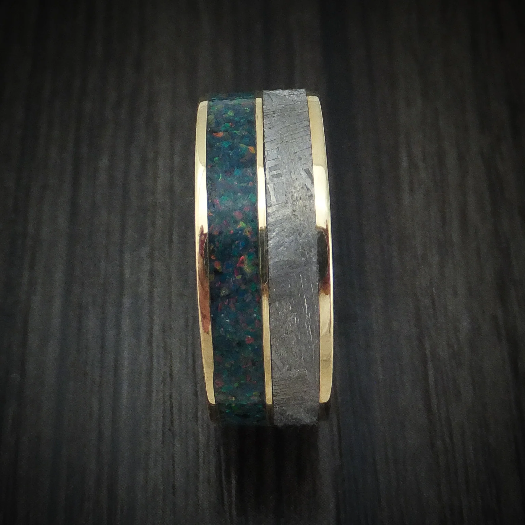 14K Gold and Meteorite Men's Ring with Opal Custom Made Band - Image 3