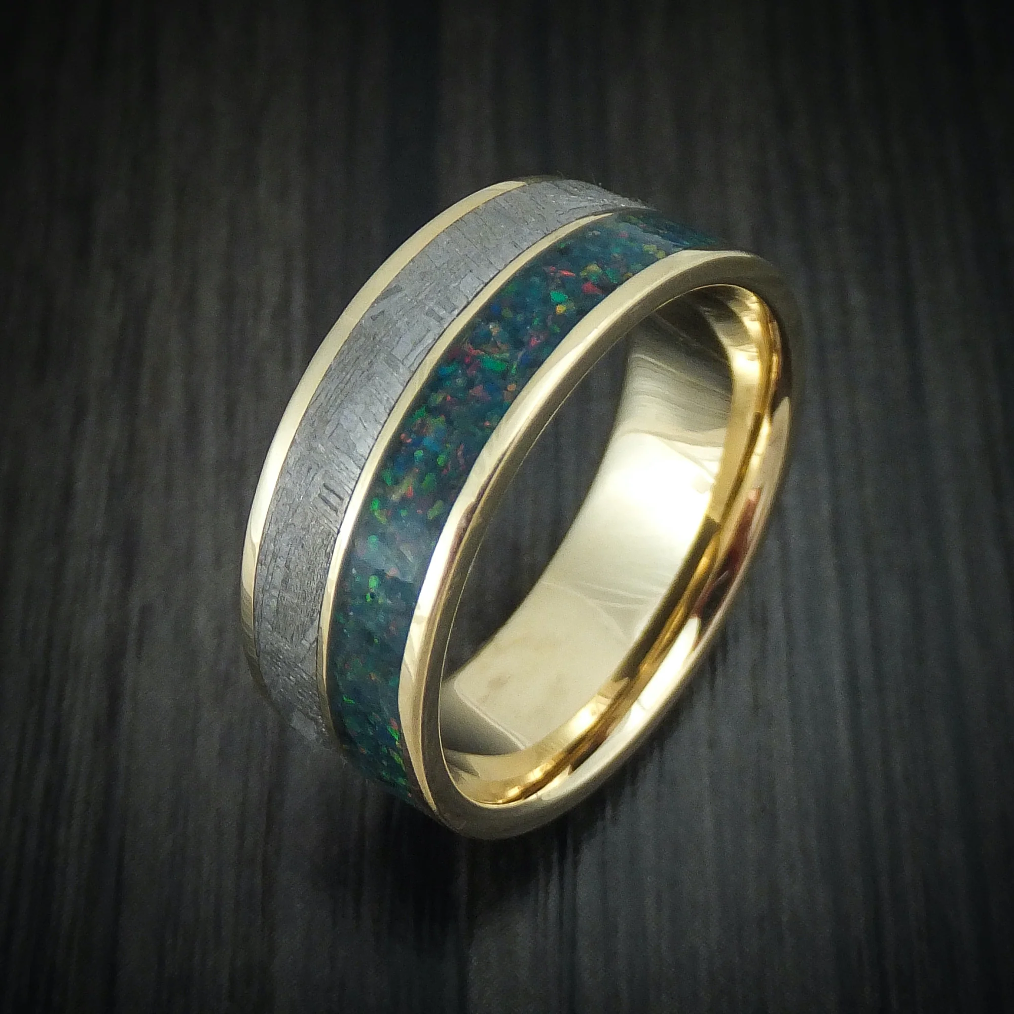 14K Gold and Meteorite Men's Ring with Opal Custom Made Band - Image 4