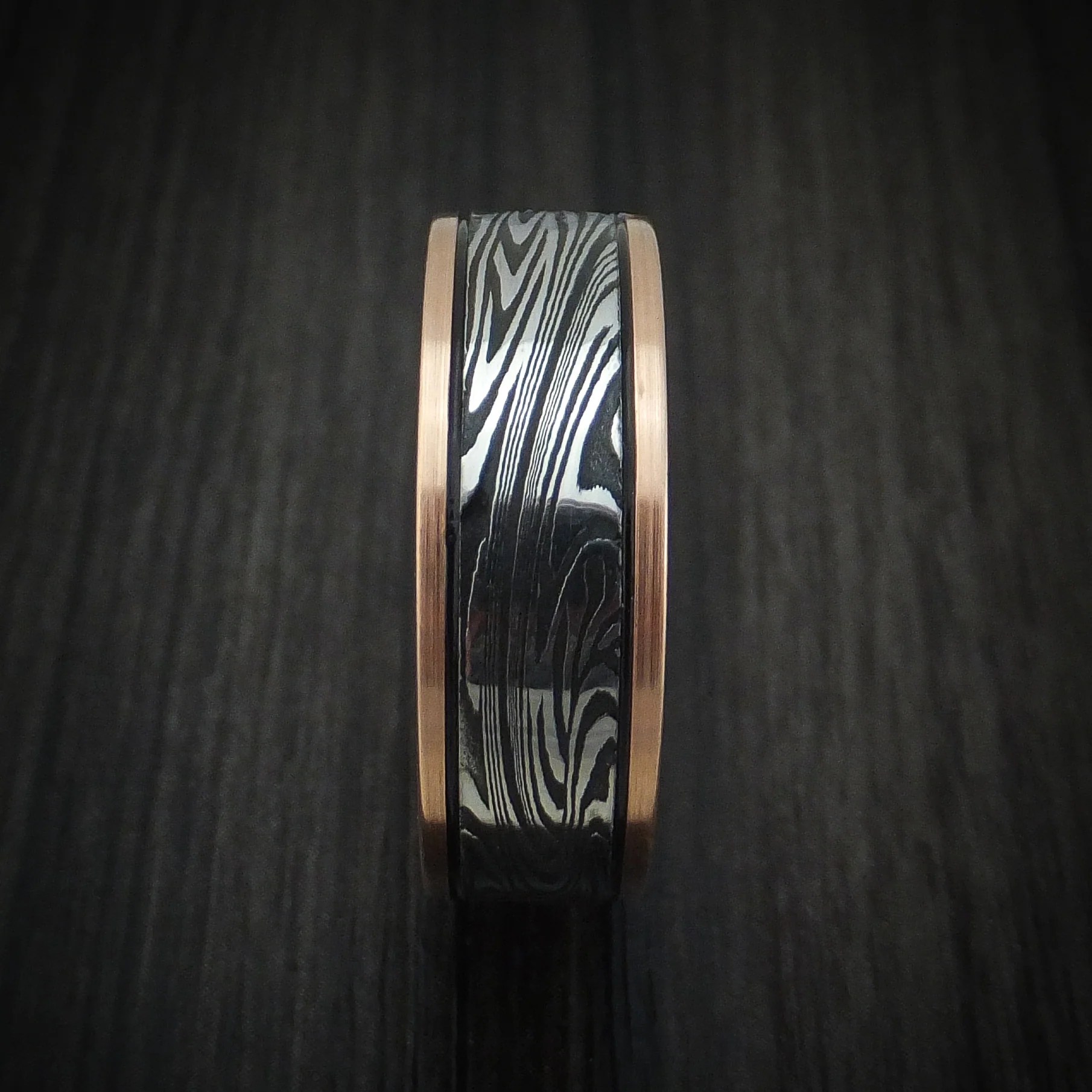 Rose Gold and Sunset Kuro Damascus Steel Men's Ring Custom Made - Image 3