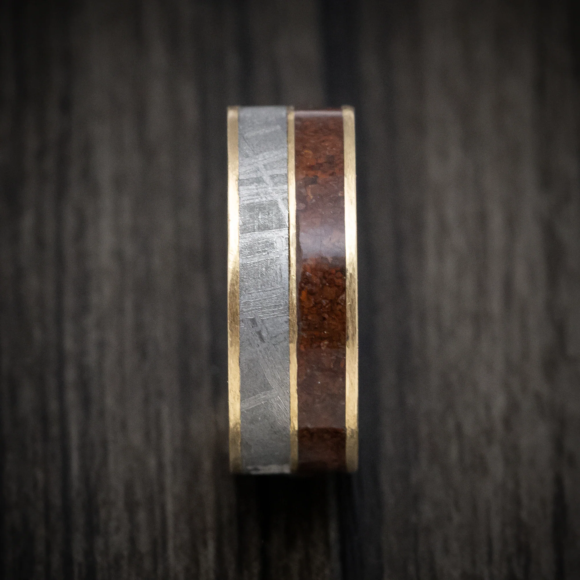 14K Gold Dinosaur Bone And Gibeon Meteorite Men's Ring Custom Made Fossil Band - Image 3