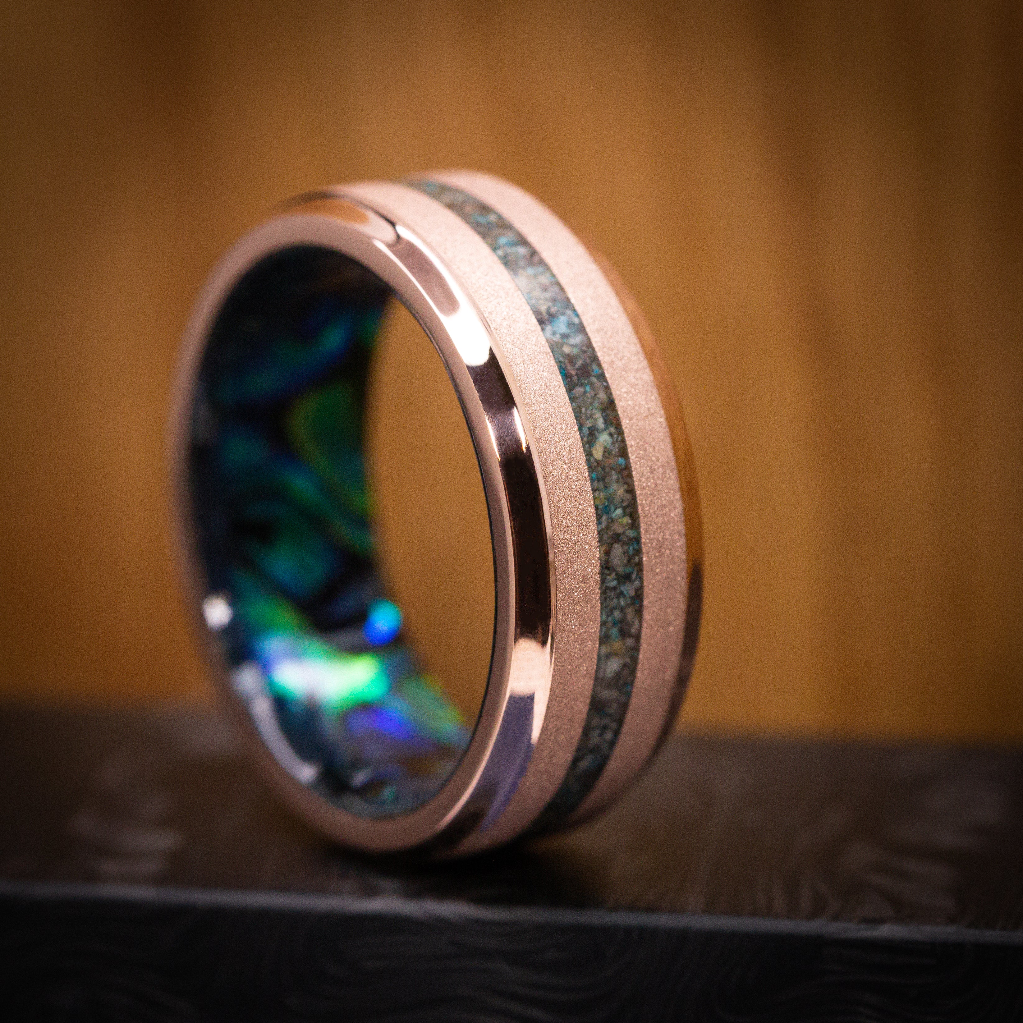 14K Gold Men's Ring with Ocean Jasper Stone Inlay and Abalone Sleeve Custom Made Band - Image 5