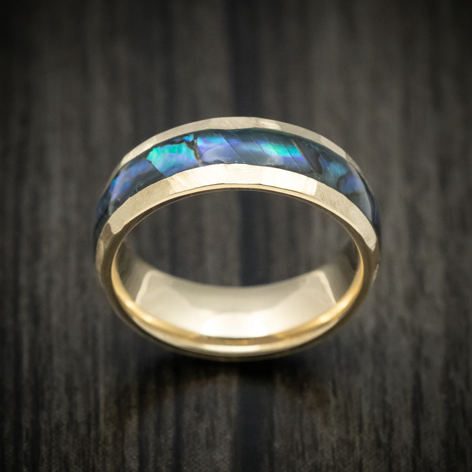 Yellow Gold Men's Ring with Abalone Inlay Custom Made Band - Image 2