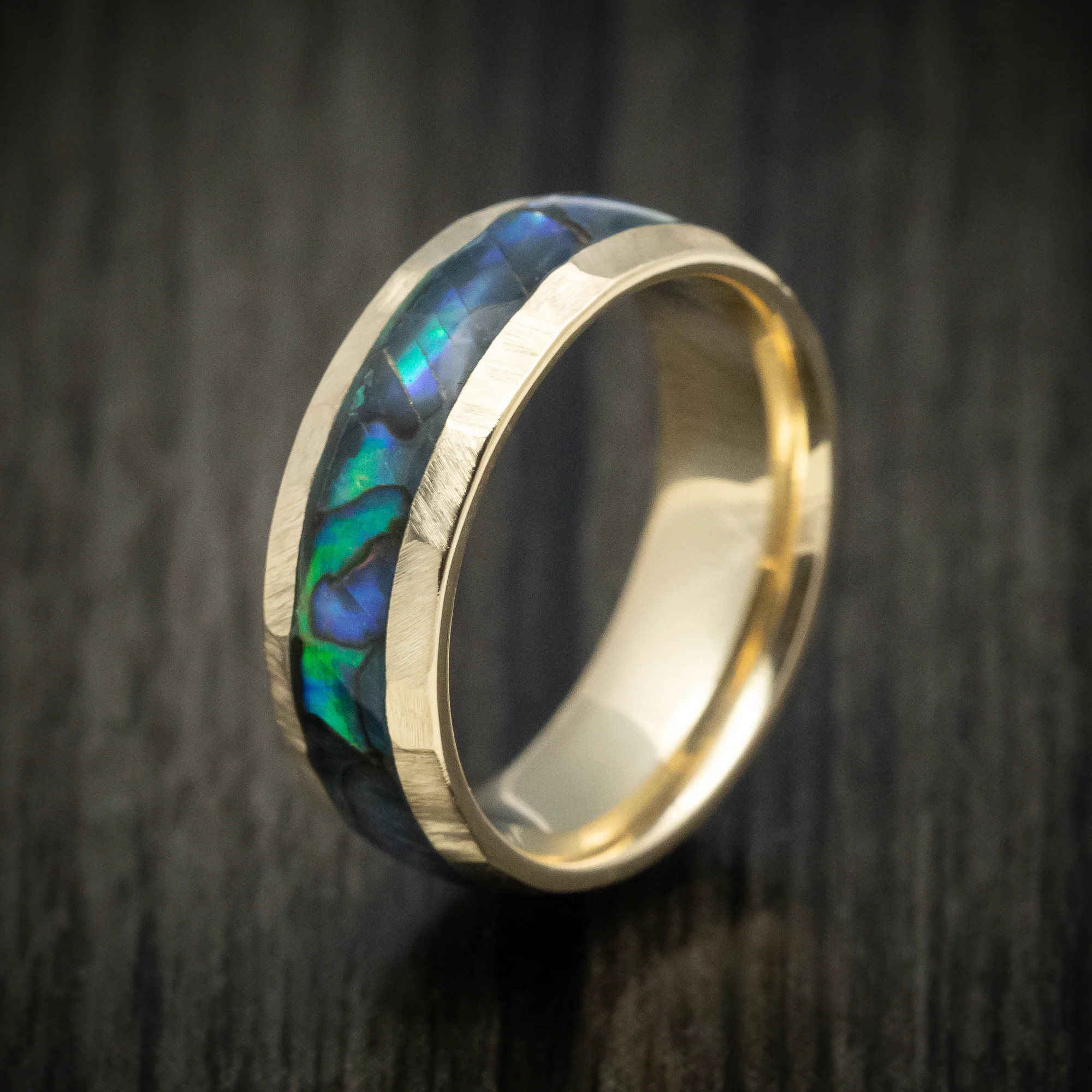 Yellow Gold Men's Ring with Abalone Inlay Custom Made Band - Image 4