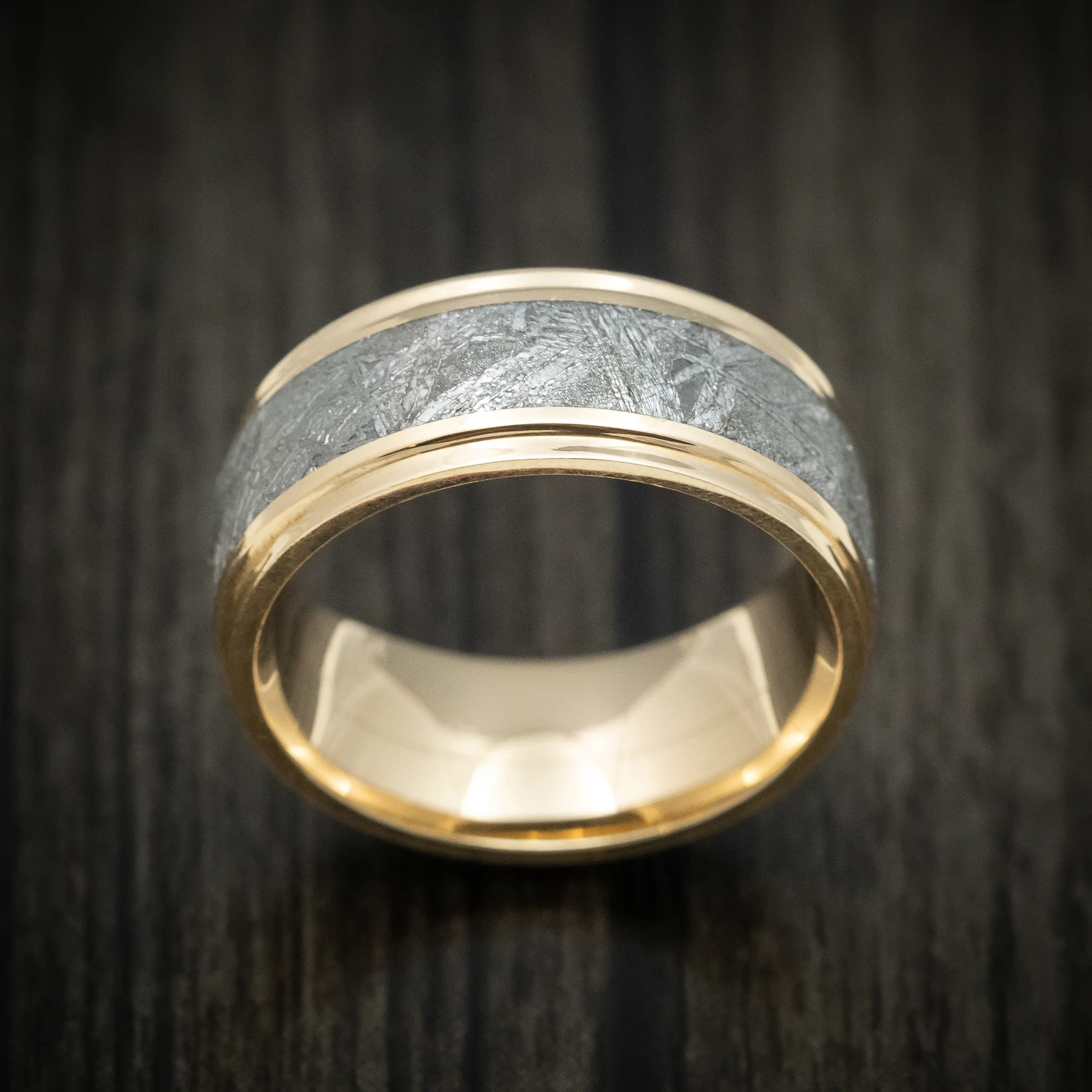 Yellow Gold Men's Ring with Gibeon Meteorite Inlay Custom Made - Image 2
