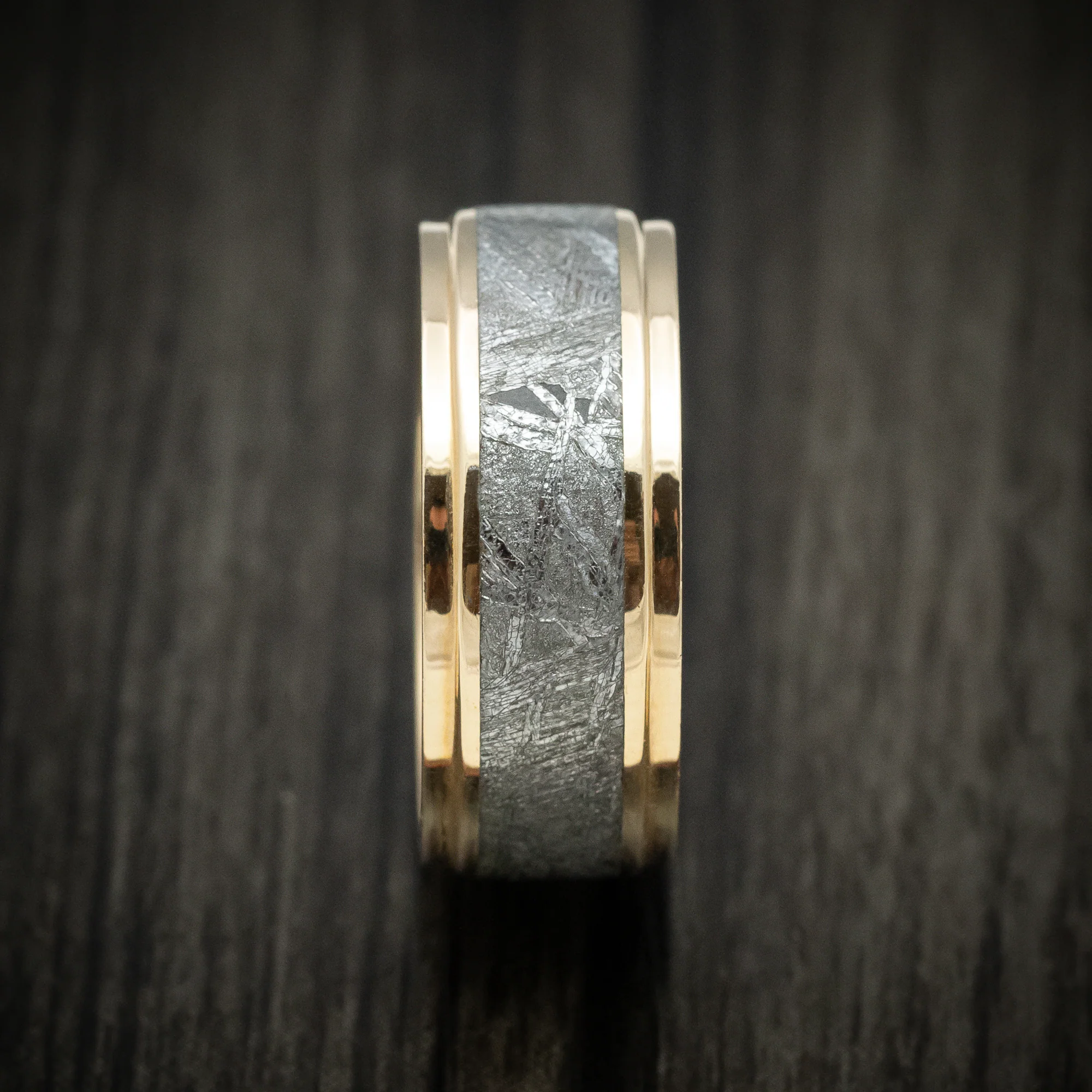 Yellow Gold Men's Ring with Gibeon Meteorite Inlay Custom Made - Image 3