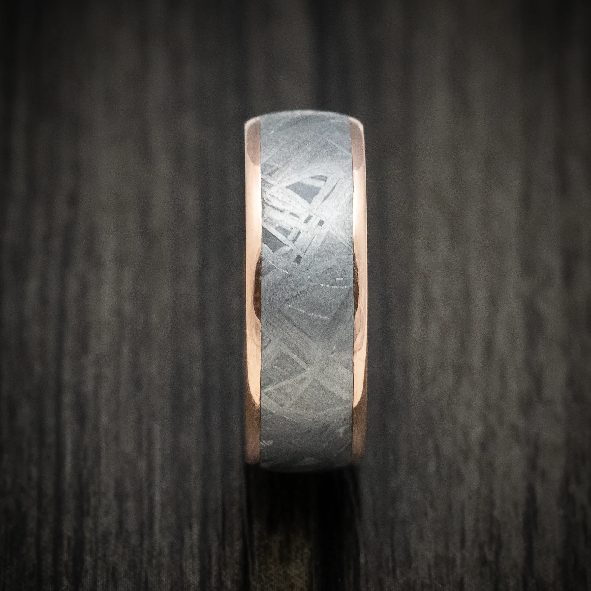 14K Gold Men's Ring with Meteorite Inlay and Wood Sleeve - Image 3