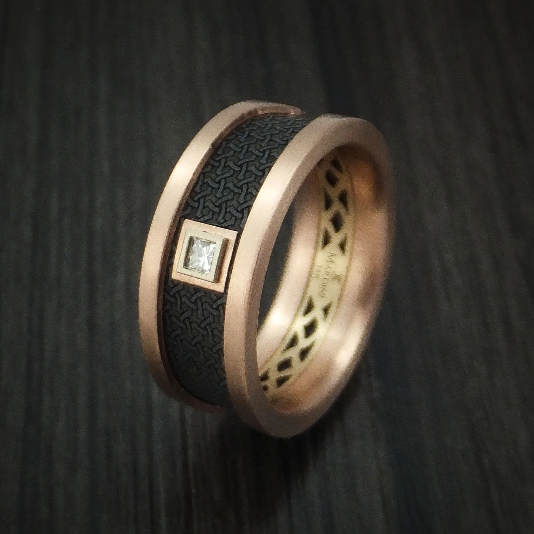 14K Rose and Yellow Gold with Carbon Fiber and Diamond Custom Made Men's Band - Image 4