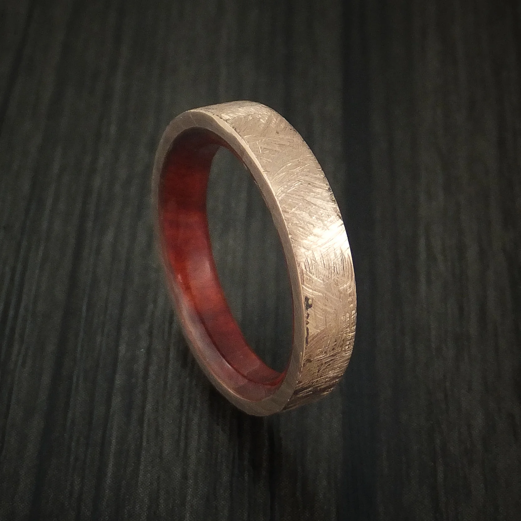 Rose Gold Band with Distressed Finish and Red Heart Wood Sleeve Custom Made