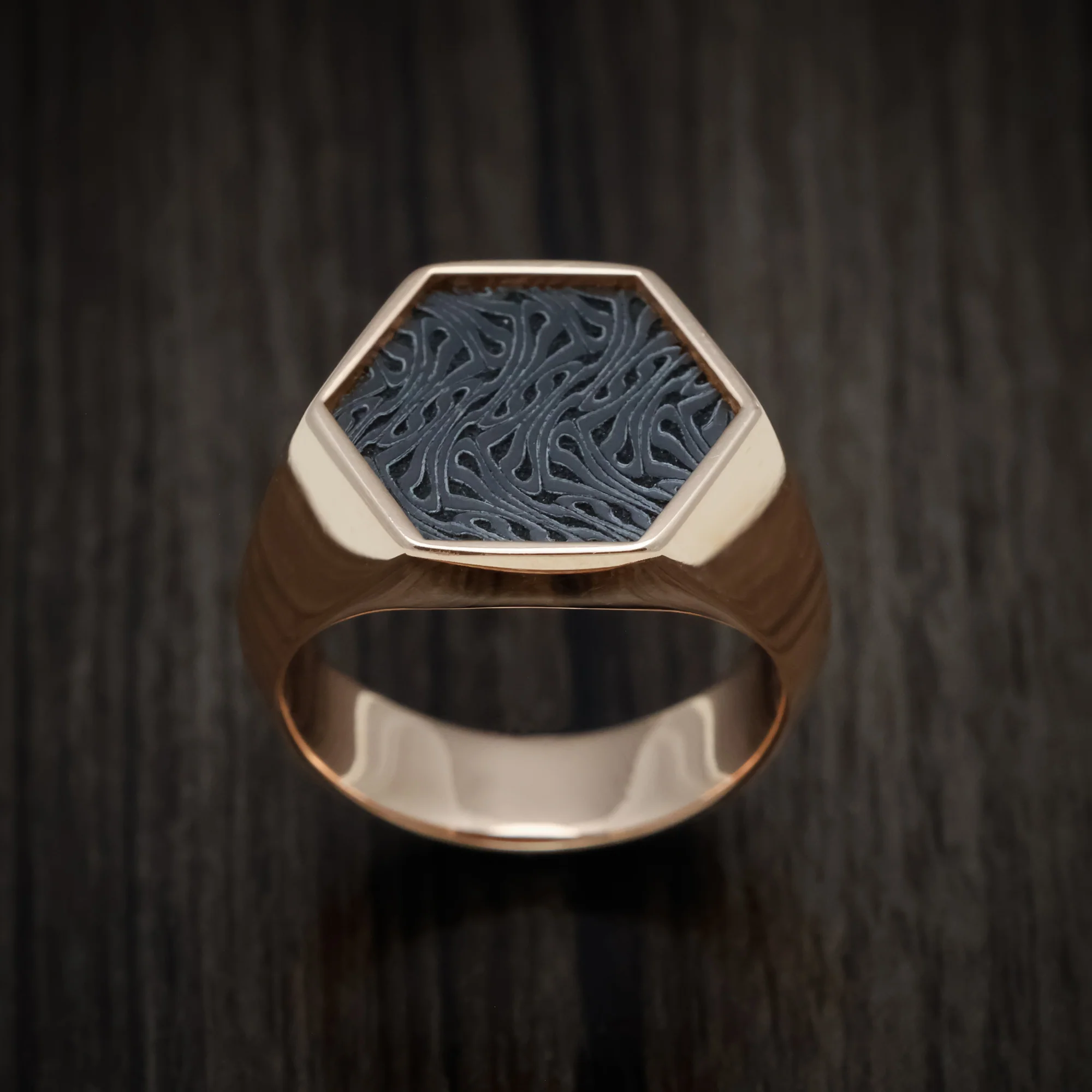 14K Rose Gold Large Signet Ring with Zirconium Design Pattern Inlay - Image 2