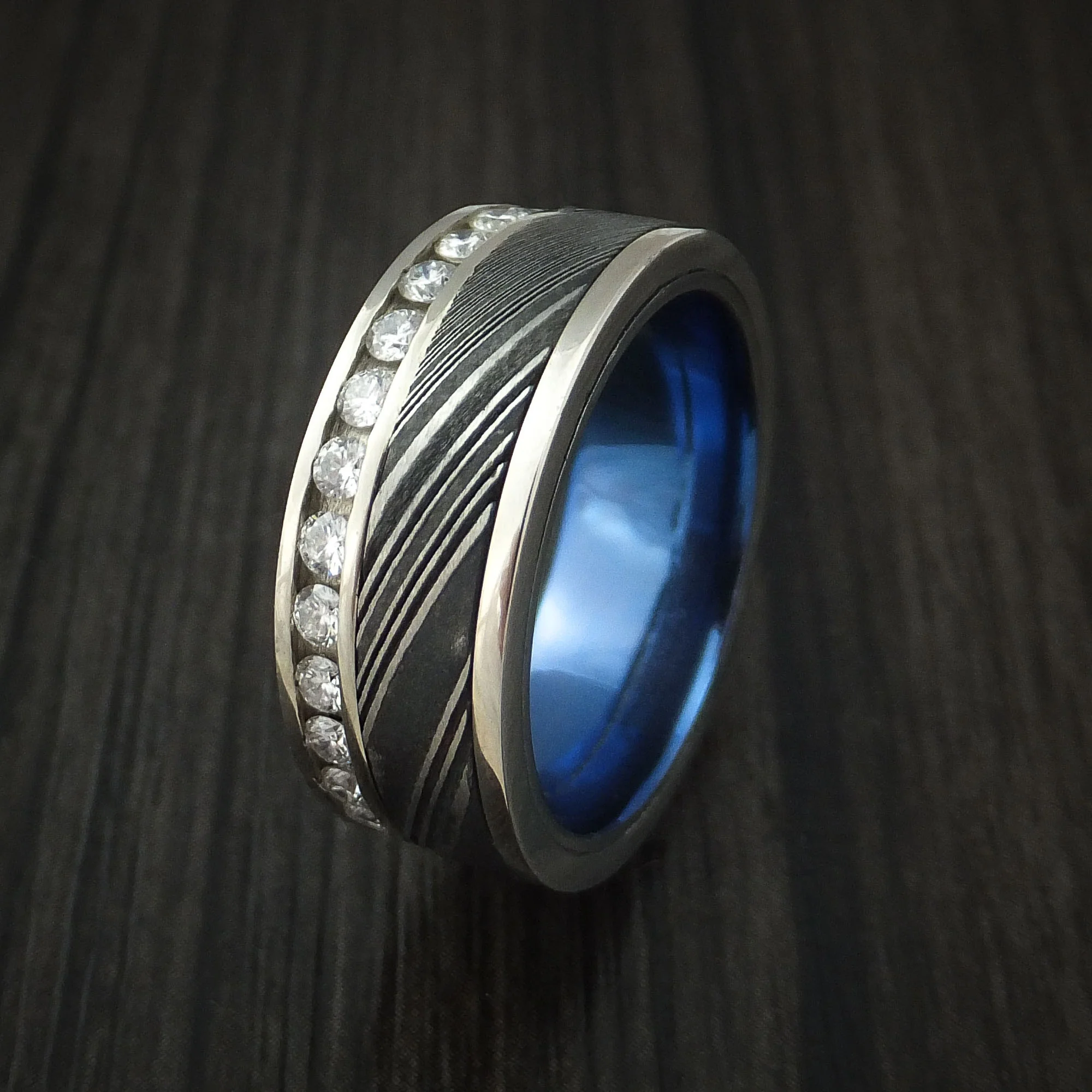 14K White Gold and Diamond Eternity Men's Ring with Woodgrain Kuro Damascus Steel and Anodized Titanium Sleeve Custom Made Band - Image 4