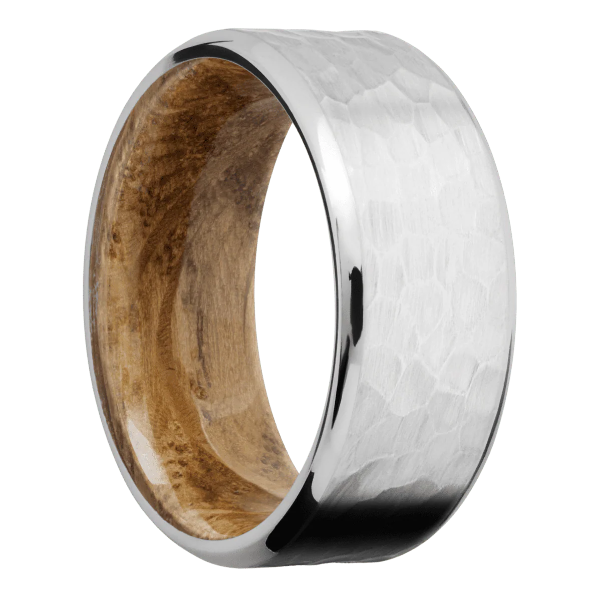 14K White Gold + Hammer , Polish Finish + Whiskey Barrel