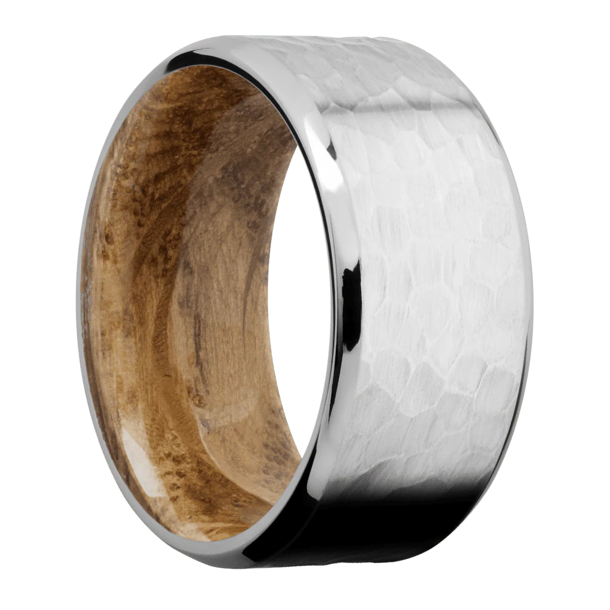 14K White Gold + Hammer , Polish Finish + Whiskey Barrel
