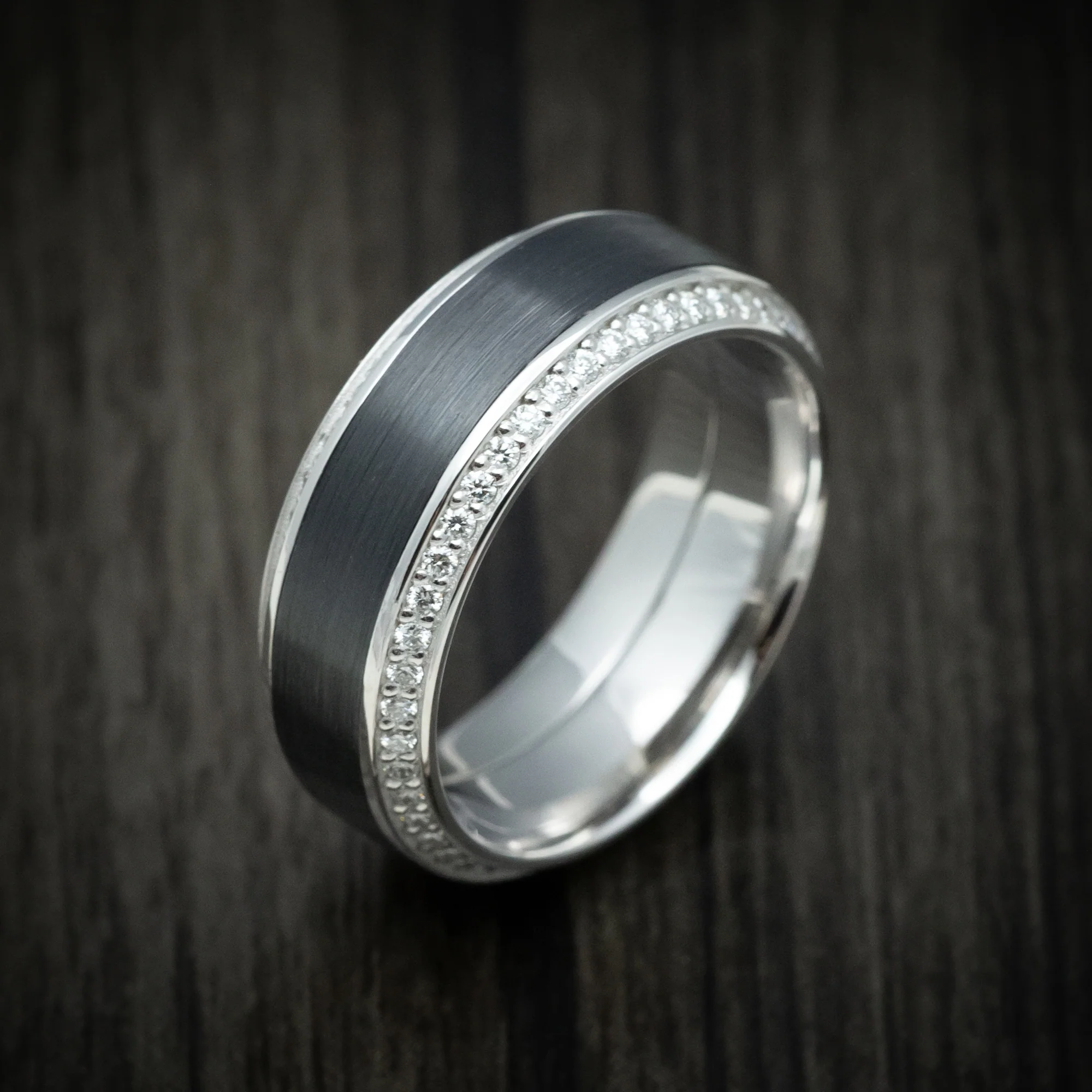 14K White Gold Men's Ring with Black Zirconium Inlay and Eternity Bevel Lab Diamonds - Image 4