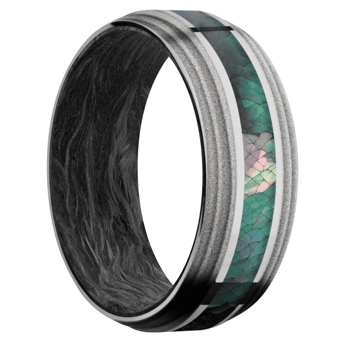 14K White Gold + Polish , Sand Finish + Forged Carbon Fiber