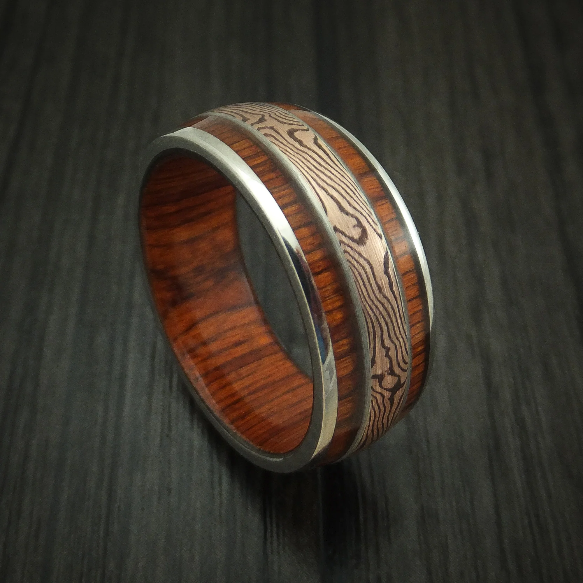 14K White Gold Men's Ring with Hardwood Inlays and Mokume Gane Custom Made Band
