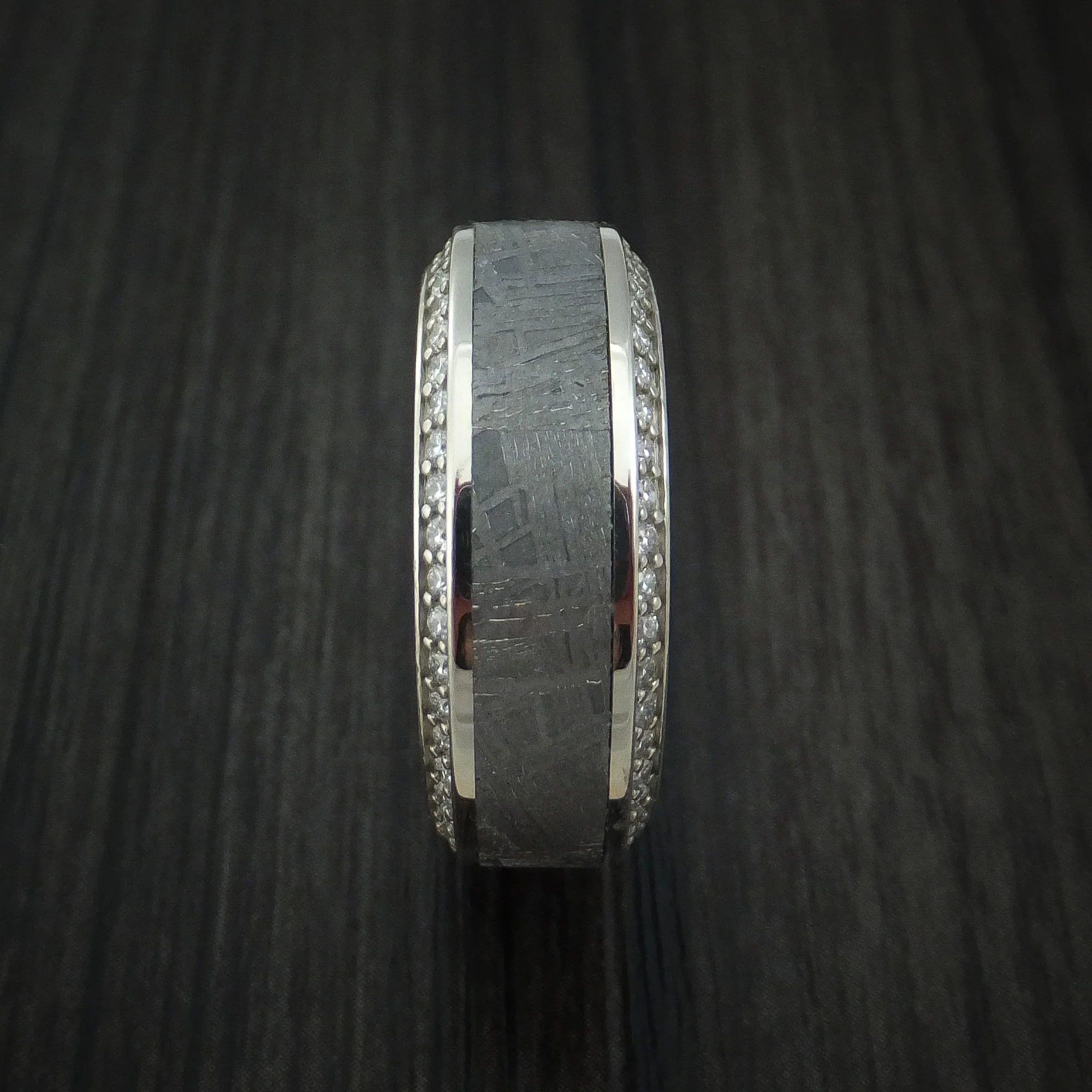 14K White Gold Men's Ring with Meteorite Inlay and Eternity Set Diamonds Custom Made Band - Image 3