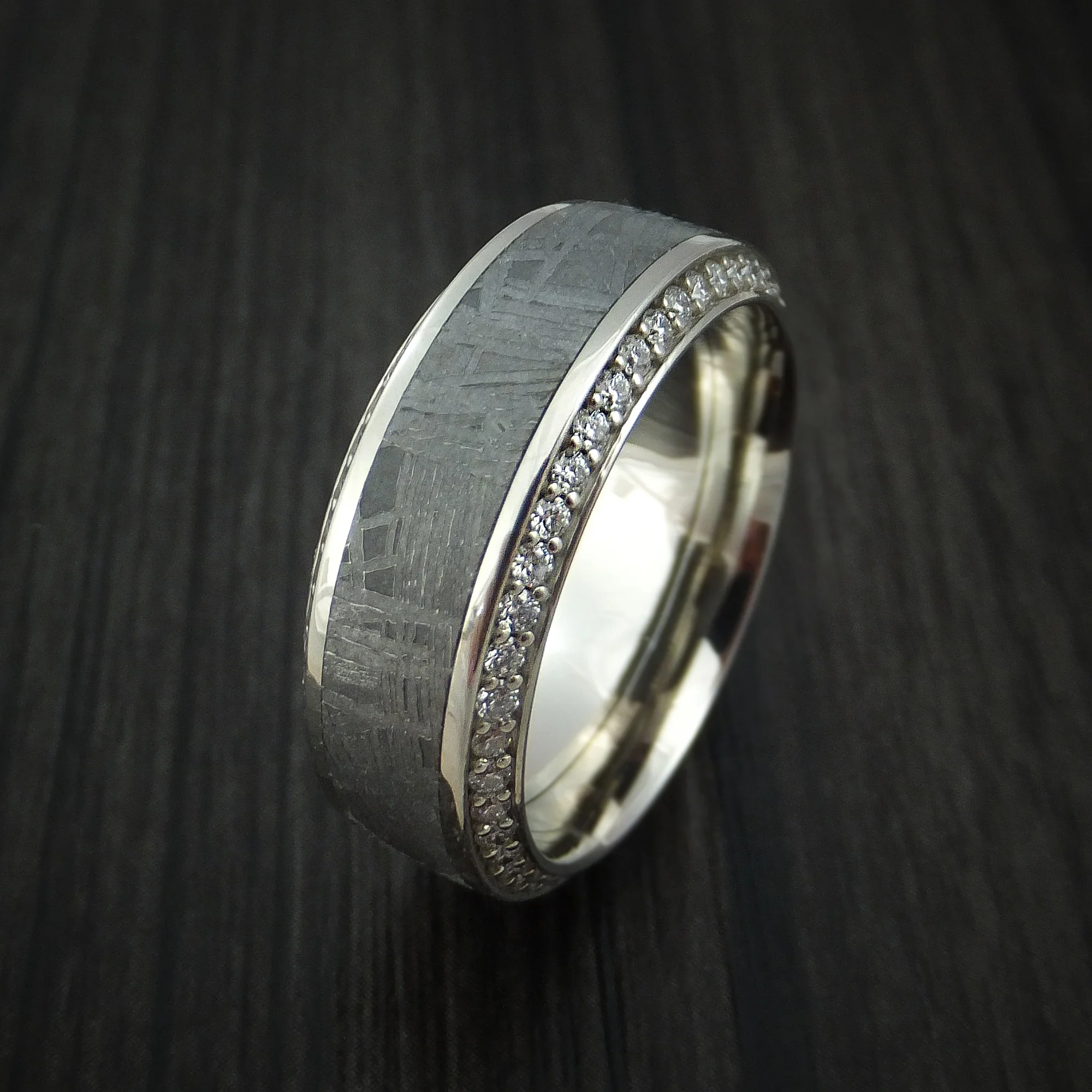 14K White Gold Men's Ring with Meteorite Inlay and Eternity Set Diamonds Custom Made Band - Image 4