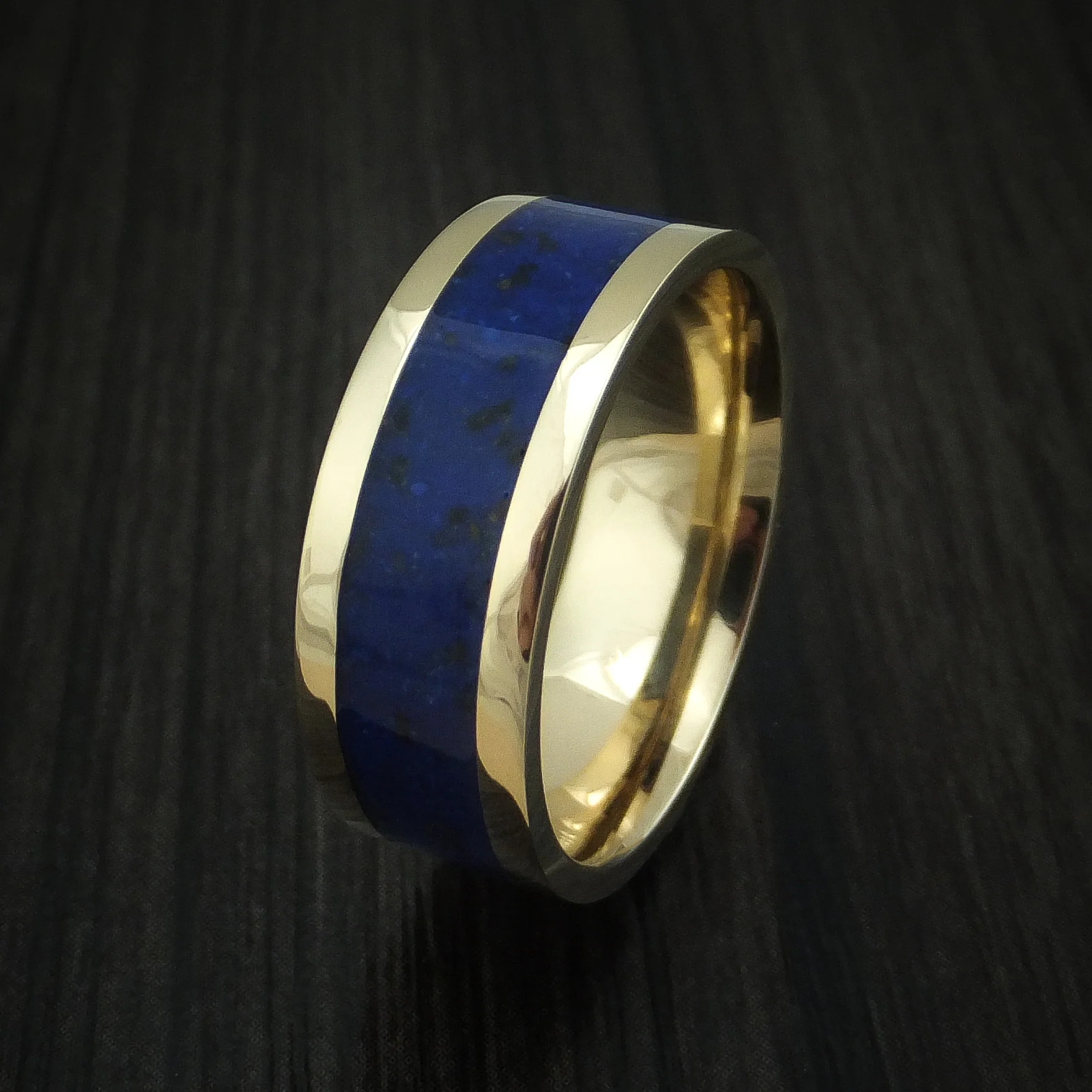 Yellow Gold Lapis with Black Dinosaur Bone Men's Ring Custom Made Fossil Band - Image 4