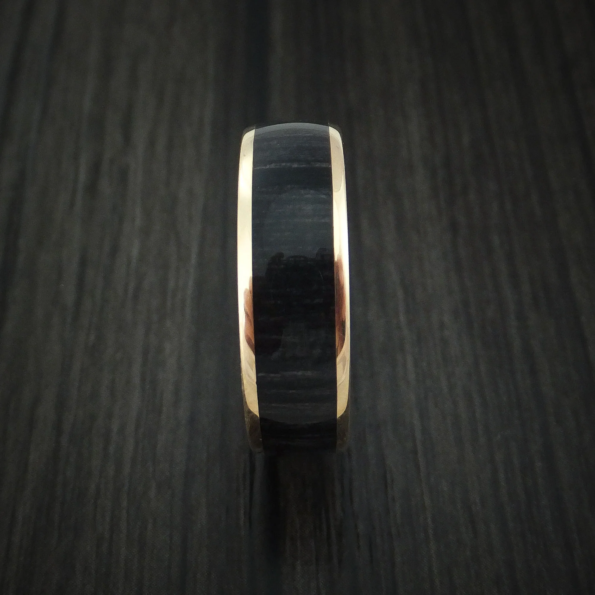 Yellow Gold Men's Ring with Charcoal Wood Inlay Custom Made Band - Image 3