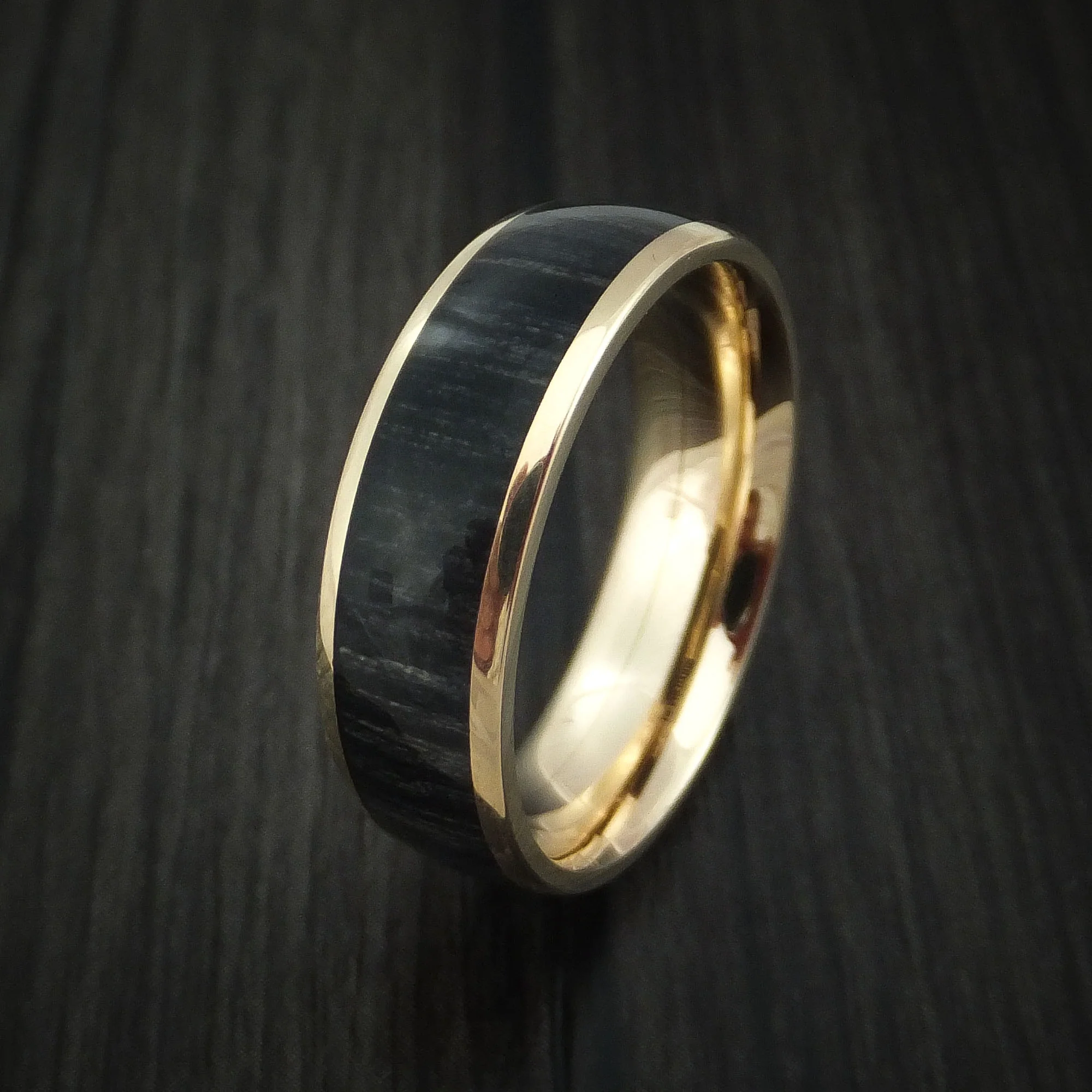 Yellow Gold Men's Ring with Charcoal Wood Inlay Custom Made Band - Image 4