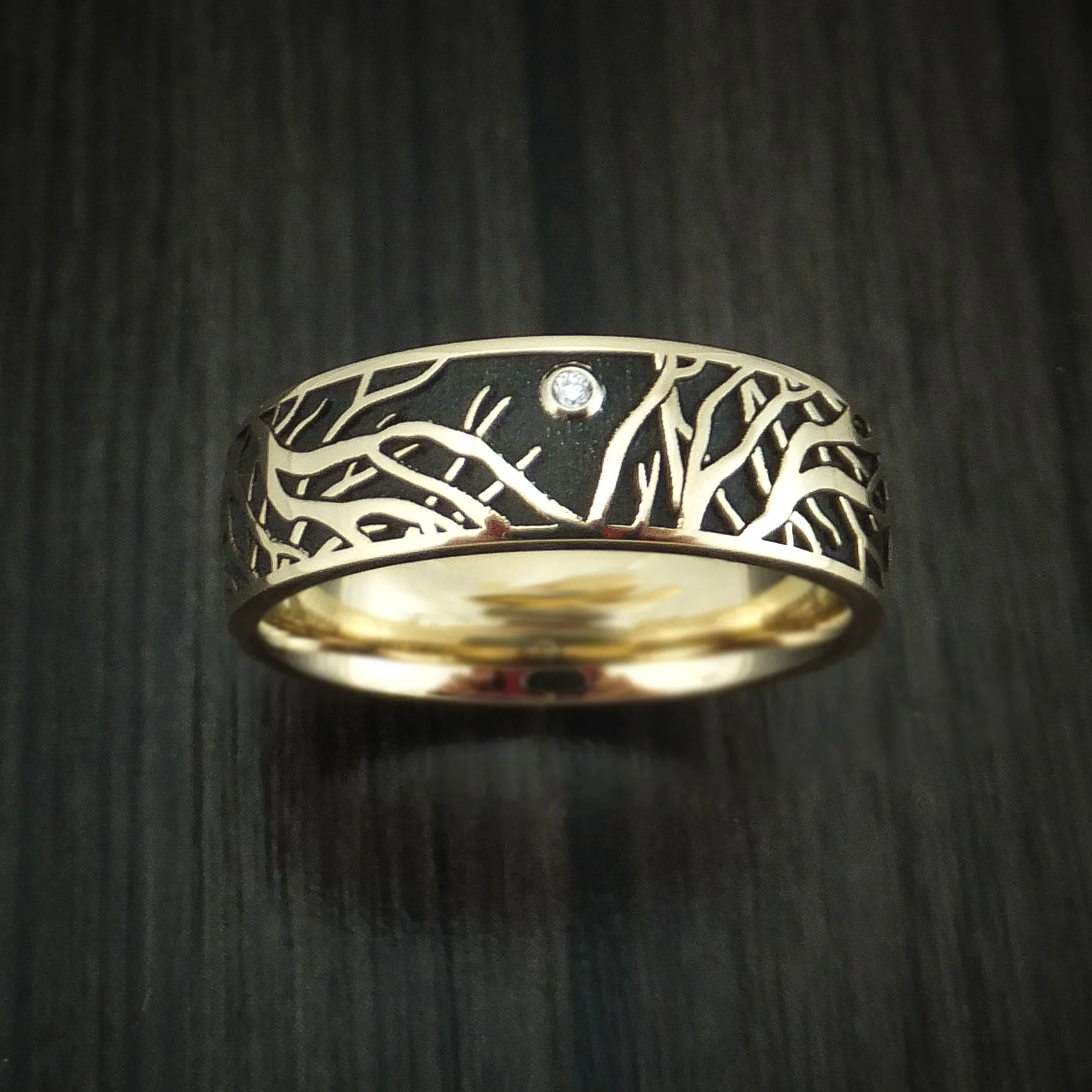 14K Yellow Gold Men's Ring with Tree Branches and Diamond Custom Made Band - Image 2