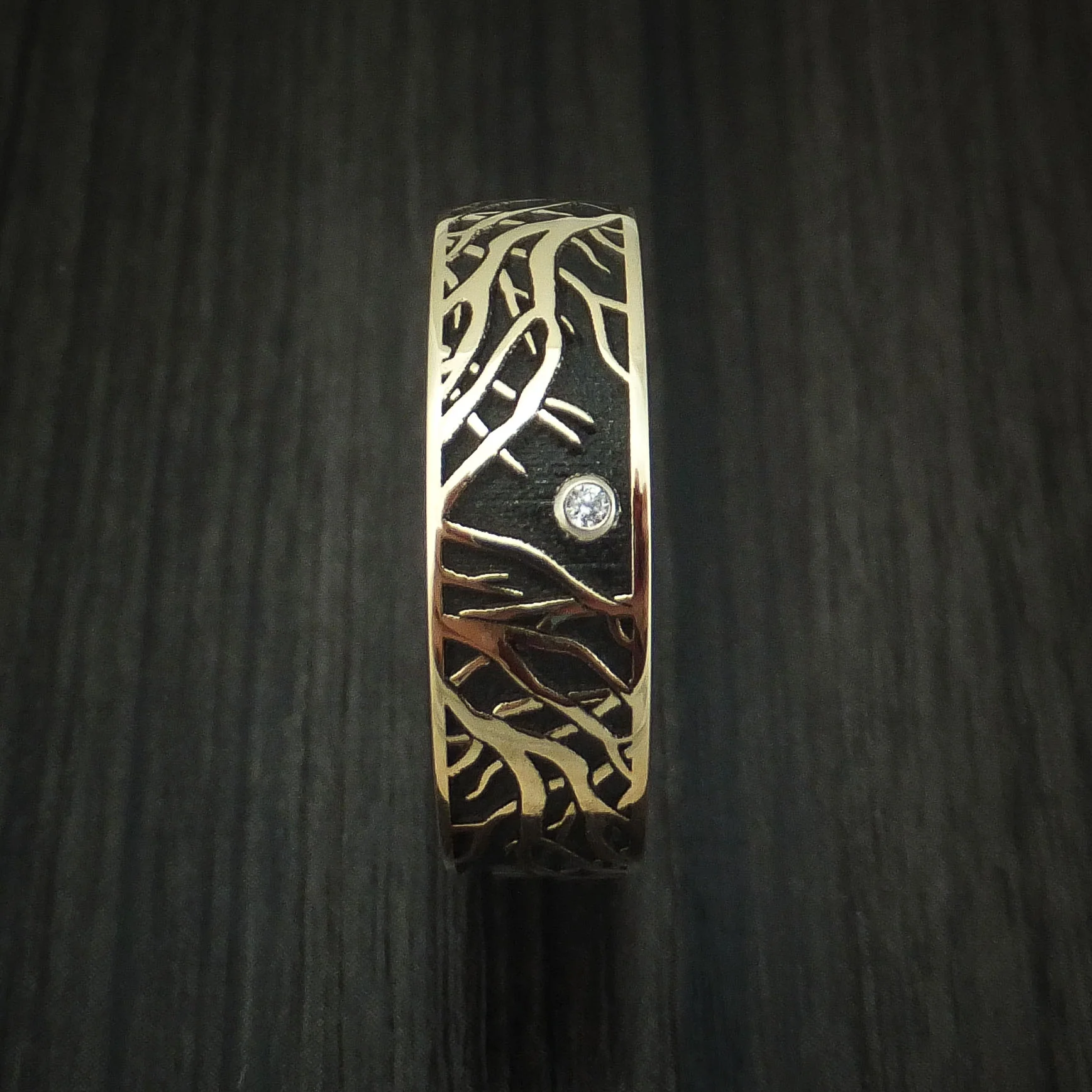 14K Yellow Gold Men's Ring with Tree Branches and Diamond Custom Made Band - Image 3