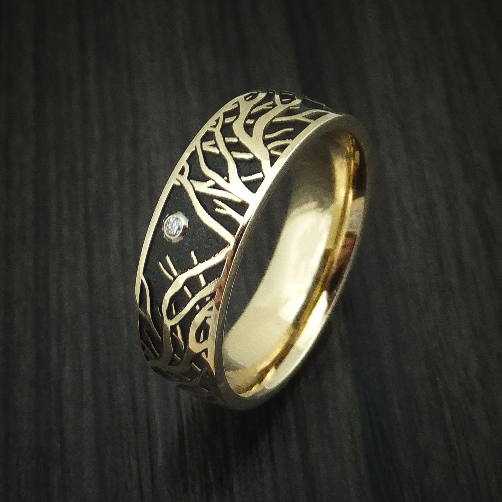 14K Yellow Gold Men's Ring with Tree Branches and Diamond Custom Made Band - Image 4