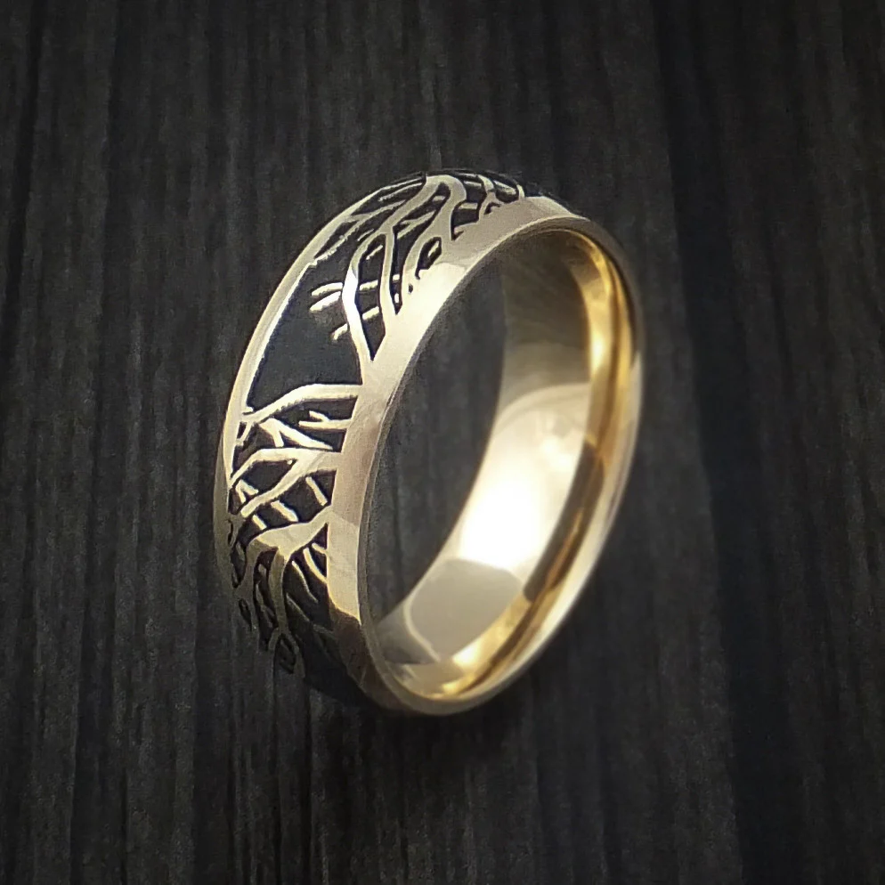 Yellow Gold Men's Ring with Tree Branches Custom Made Band - Image 4