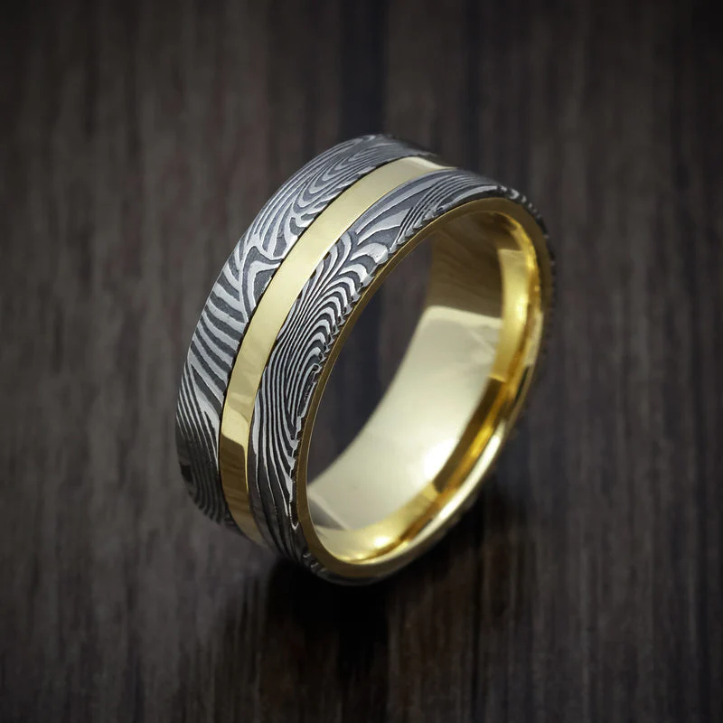 18K Gold Men's Ring with Sunset Kuro Damascus Steel Inlays - Image 2