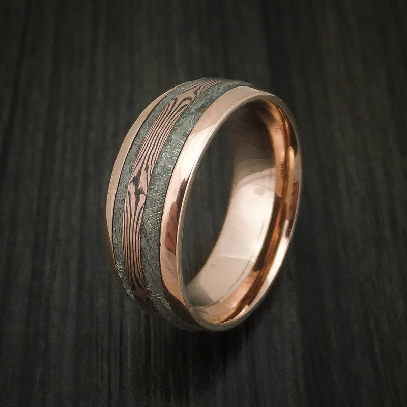 18k Rose Gold and Gibeon Meteorite Men's Ring with Rose Gold Mokume Shakudo Inlay Custom Made Band - Image 4