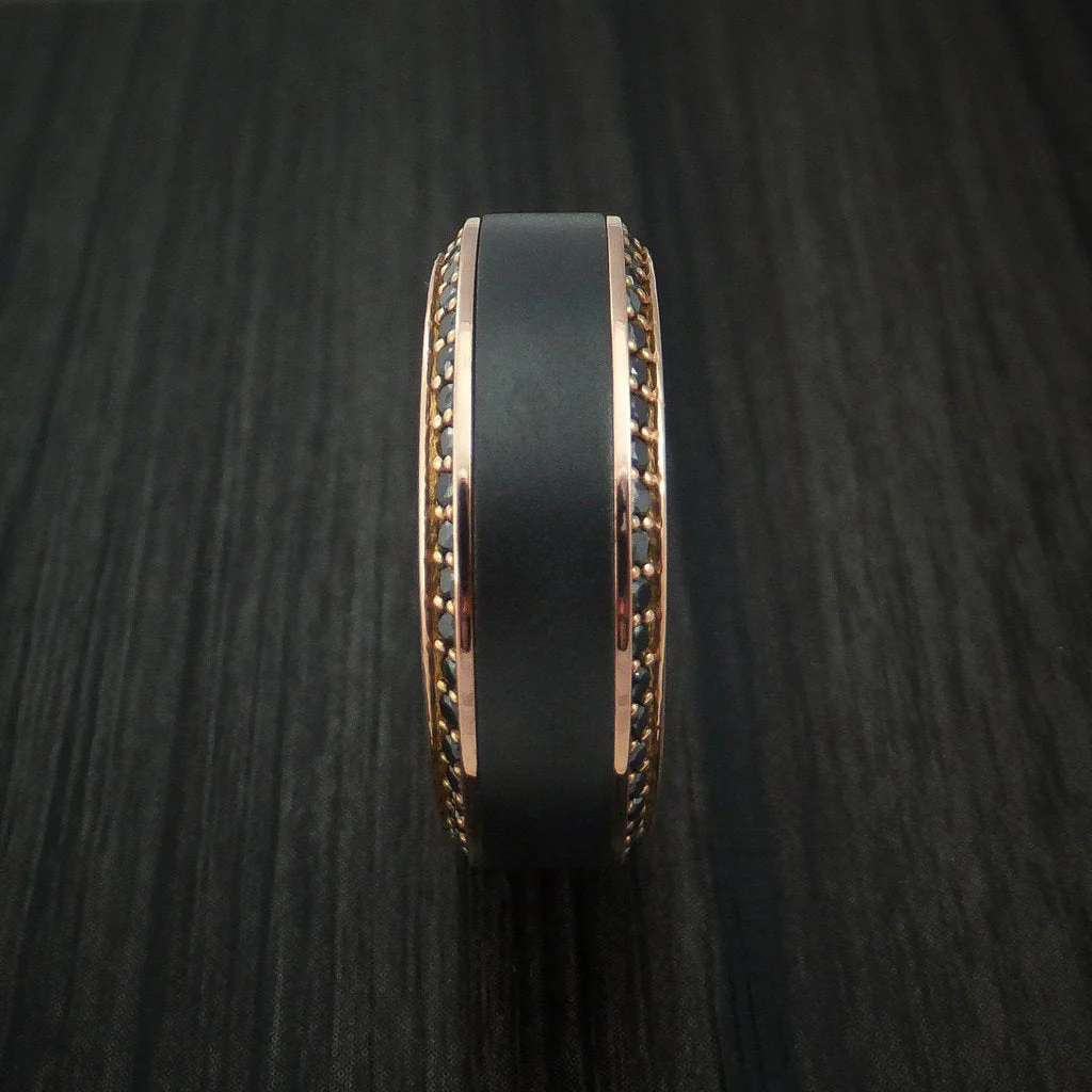 Rose Gold Men's Ring with Black Titanium Inlay and Eternity Set Black Diamonds Custom Made Band - Image 4