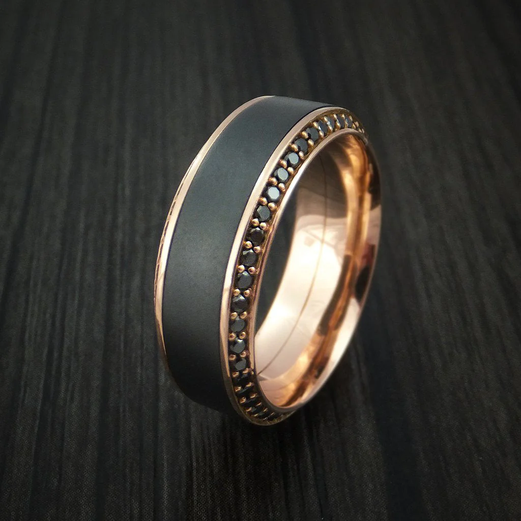 Rose Gold Men's Ring with Black Titanium Inlay and Eternity Set Black Diamonds Custom Made Band - Image 5