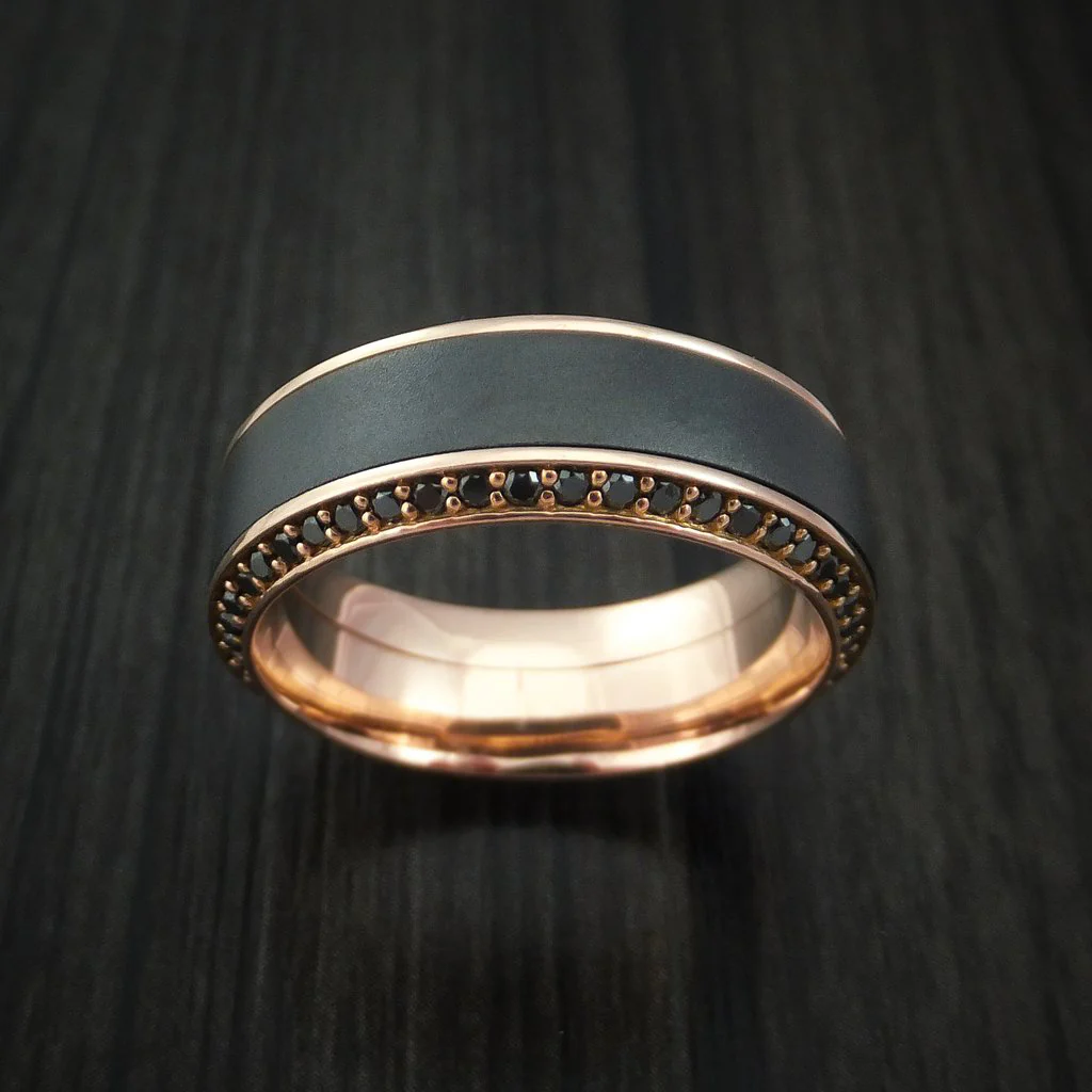 18K Rose Gold Men's Ring with Black Zirconium Inlay and Eternity Set Black Diamonds Custom Made Band - Image 2