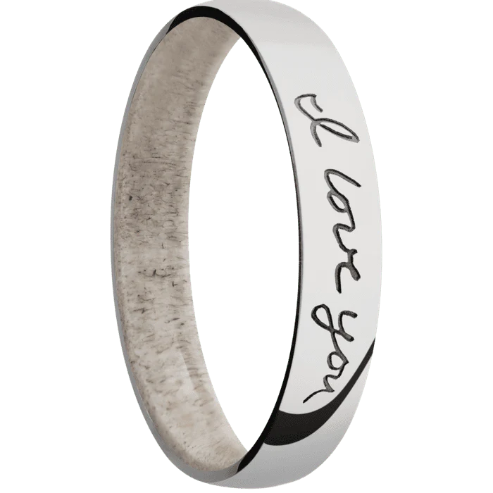 4mm wide Domed 14k White Gold Ring with Polish Finish / Hand Writing Design / Antler Sleeve - Image 2