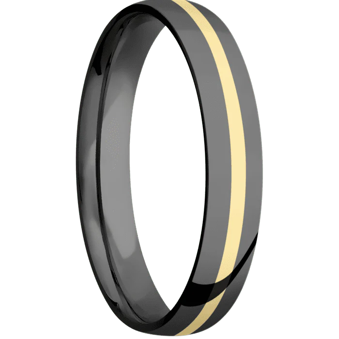 4mm wide Domed Black Titanium Ring with Polish Finish / One 1mm Centered 14k Yellow Gold Inlay with Polish Finish - Image 2