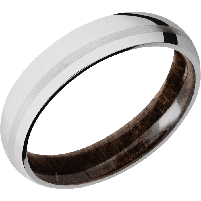 5mm wide Domed 14k White Gold Ring with Polish Finish / One 1mm Off Center 14k White Gold Inlay with Satin Finish / Walnut Sleeve