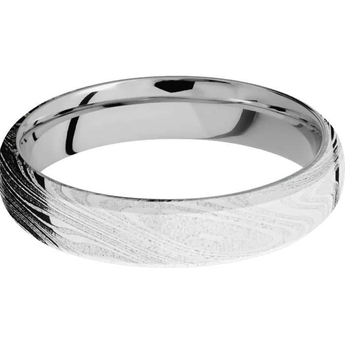 5mm wide Domed Bevel Marble Damascus Steel Ring with Polish Kuro Damascus Finish / Platinum Sleeve - Image 3