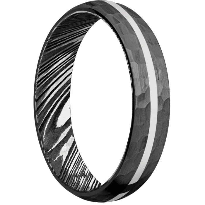 5mm wide Domed Black Titanium Ring with Hammer Finish / One 1mm Centered Platinum Inlay with Polish Finish / Kuro Damascus Steel Sleeve - Image 2